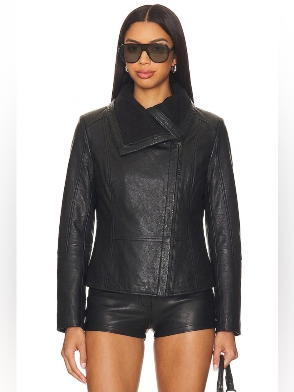 BRAND NEW BCBG Maxazria Emerson Black LEATHER fleece asymmetric zip up jacket S